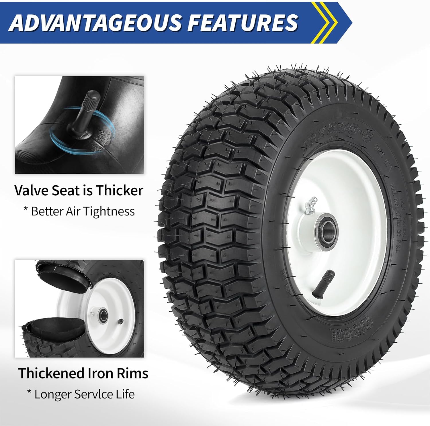 Size 13x5.00-6 Rubber Lawn Mower Tire and Wheel, 2 Pcs Replacement 13x5-6nhs Riding Mowers Lawn Pneumatic Tire with Bearing Bore 3/4 & 5/8, 3 -4.5 Centered Hub